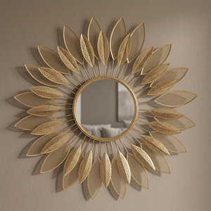 Round Brass <b>Wall</b> Mirror with Sunburst <b>Leaf</b> Design <b>Decorative</b> Framed Edge for Living Room Bedroom - Product Image 2