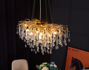 Lustres ovales LED de luxe en cristal pour longue table à manger, luminaires suspendus modernes en forme de branche d'arbre et de goutte de pluie en cristal doré - Product Image 4