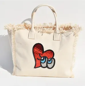 Fashion Beaded Embroidery Design Ruffles Natural Organic Cotton Canvas Shoulder bag