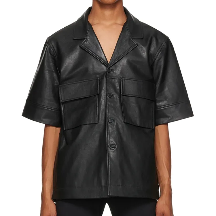 Camisas de piel sintética para hombre, camisas personalizadas con forro de manga corta, botones, bolsillos y solapa en el pecho, color negro
