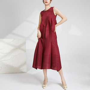 Robe midi décontractée élégante pour femme, tissée, plissée, texturée, sans manches, à ourlet irrégulier, lavable, vente en gros en ligne - Collection été PY - Product Image 4