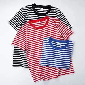 Short-sleeved men's summer loose blue and white stripe oversized t-shirt couple wear crewneck family suit