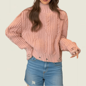 <span class=keywords><strong>Pull</strong></span> décontracté en polyester tricoté torsadé avec dentelle, col roulé <span class=keywords><strong>oversize</strong></span>, manches longues, respirant et anti-plis, style automne européen et américain - Product Image 2