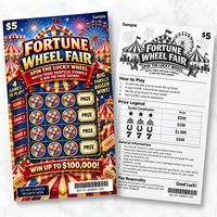 Billets de loterie à gratter en carton, personnalisés en usine, avec impression offset couleur intégrale, à thème Wheel Fair, gagnants, à gratter instantanément