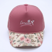 Gorra de camionero de espuma personalizada, rosa malva con estampado floral, visera con cuerda, malla trasera, bordado, visera curva, estructurada, estilo retro, gorra de béisbol