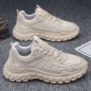 Zapatos deportivos casuales para hombre, estilo walking, color beige, con malla, suela gruesa, con cordones, transpirables, antideslizantes. - Product Image 1
