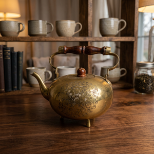 Bouilloire à thé vintage en laiton avec poignée en bois et motif floral gravé - Product Image 3