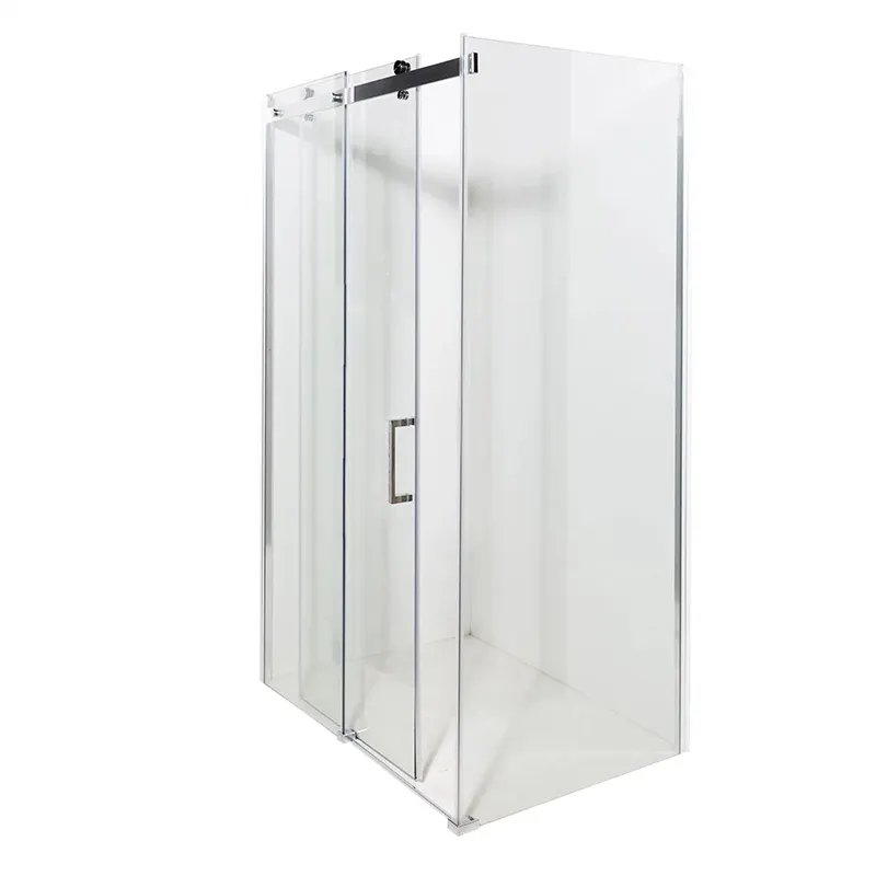 Cabine de chuveiro retangular moderna sem moldura, com bandeja, fechada por si mesma, no final do banho