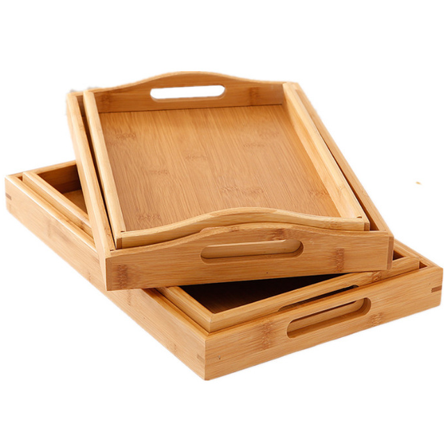 Wholesale Bamboo Serving Tray with Handles Rectangular Wooden Breakfast Tray Works for Eating