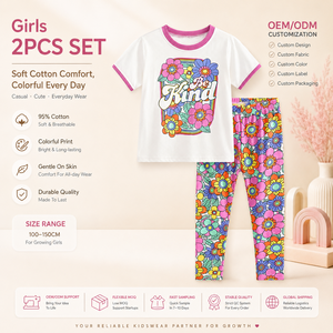 Ensemble 2 pièces <span class=keywords><strong>Groovy</strong></span> Floral pour filles, t-shirt en coton et leggings imprimés, style rétro années 70, tenue d'été pour enfants, collection Be Kind - Product Image 1