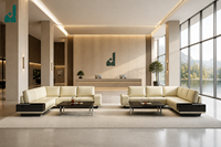 Ensemble de canapés de bureau exécutif en cuir en forme de L, style italien moderne et minimaliste, couleur crème, modulaire, durable, écologique, haute densité