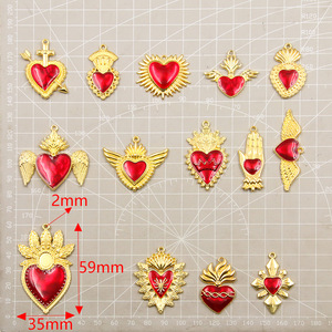 CZ8793 Saint Valentin plaqué or 18 carats émail rouge gonflé coeur flamboyant Milagro <span class=keywords><strong>Ex</strong></span> Voto pendentifs à breloque laiton religieux orthodoxe - Product Image 2