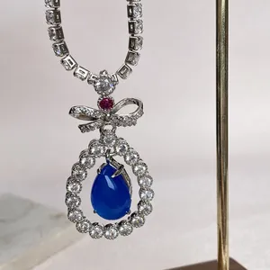 Perhiasan baru kalung giok berlapis emas 18k gaya Tiongkok simpul tetes air biru kalung giok untuk hadiah wanita anak perempuan