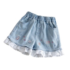 Shorts en jean brodés à motif dessin animé pour filles, style coréen, taille mi-haute, décontracté d'été pour enfants - Product Image 1