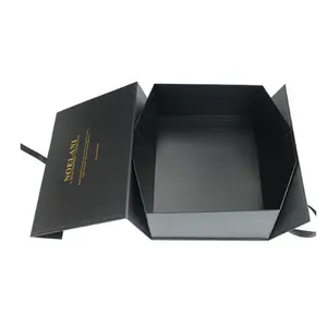 صندوق هدايا ورقي أسود مسطح فاخر مغناطيسي قابل للطي للتخزين مع شريط
