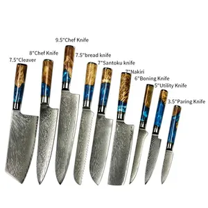 Pisau Damaskus VG10 pegangan kayu Resin biru mewah Set pisau koki Jepang pisau dapur Damaskus