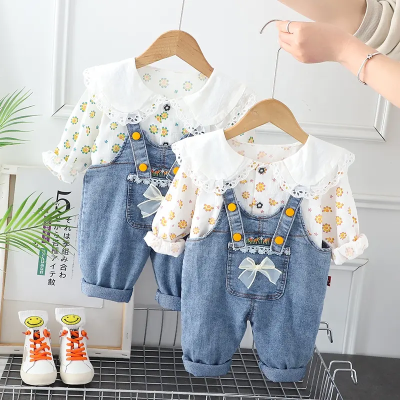 2023 Spring Autumn Korean Sweet Kids Girl Outfits Flower Doll Collar Shirt Cowboy Suspender Pants 2Pcs Baby Clothes Wholesale