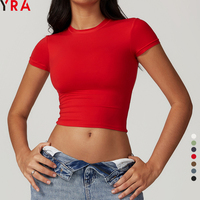 T-shirt court pour femme, haut rouge, manches courtes, yoga, fitness, sport, loisirs, t-shirts courts en gros 2026
