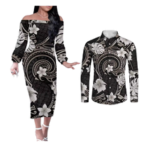 Ensemble assorti pour couples : Robe midi femme à épaules dénudées et chemise homme, imprimé tribal polynésien, logo personnalisé, vente en gros, faible MOQ