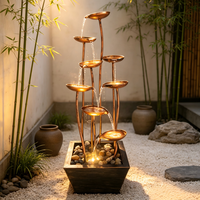 Décoration intérieure en métal, lumière LED annulaire, fontaine à eau en forme de lotus à trois niveaux pour cour