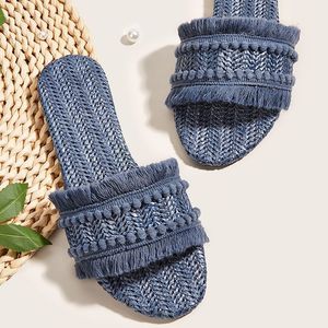 Cross-border <b>Large</b> Size Women's Slippers Summer New Foreign Trade Flat Tassel Outer Wear Women's <b>Slides</b> - Product Image 3