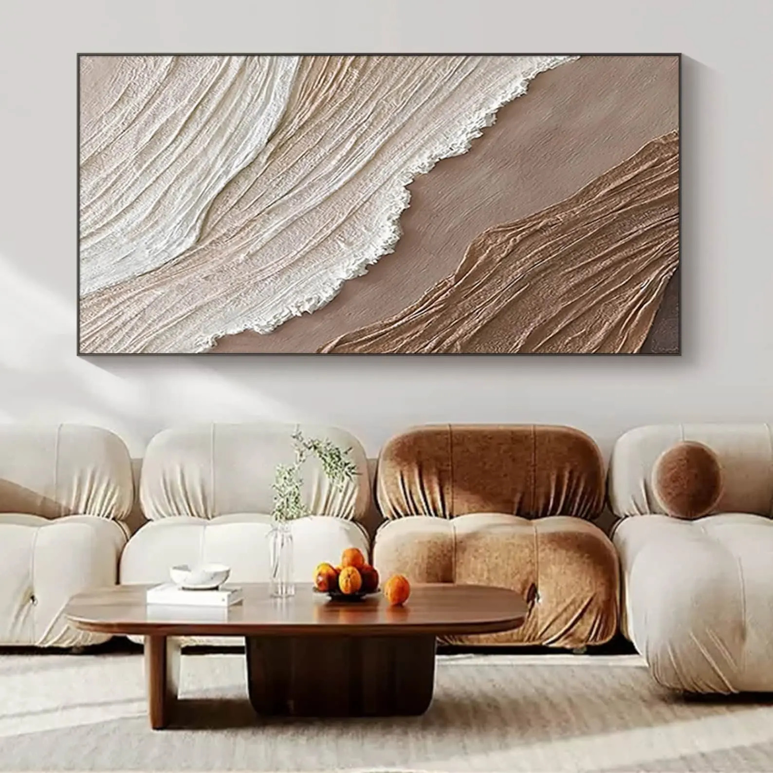 Lukisan akrilik tekstur 3D seni kanvas pemandangan laut pantai Laut Putih cokelat abstrak berbingkai buatan tangan untuk dekorasi dinding