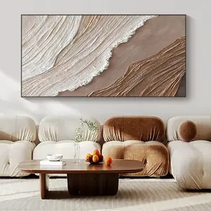 Hecho a mano enmarcado abstracto marrón blanco playa océano paisaje marino lienzo arte 3D textura pintura acrílica para decoración de pared