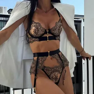 Delicate Embroidery Black Lace Sexy See Through Women's Bra and Panty Set High Quality