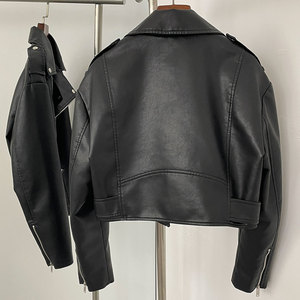 <span class=keywords><strong>Giacca</strong></span> corta Vintage da donna ampia in finta pelle sintetica con cintura <span class=keywords><strong>giacca</strong></span> da <span class=keywords><strong>Moto</strong></span> da donna con cerniera retrò <span class=keywords><strong>Moto</strong></span> cappotto da motociclista - Product Image 5