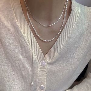 Collar de Plata de Ley S925 con Perlas y Borlas de 60 cm, Estilo Espina de Serpiente, Elegante y a la Moda para Mujer - Product Image 1