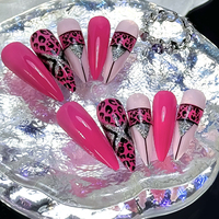 Longs Stilettos Roses Imprimé Léopard Paillettes Argent Noir Triangle Brillant Couleur Unie ABS Ongles Artificiels avec Colle pour Doigts