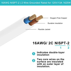 NEMA <span class=keywords><strong>1</strong></span>-15P إلى NEMA <span class=keywords><strong>1</strong></span>-15r سلك طاقة تيار متردد 18AWG 16AWG <span class=keywords><strong>NISPT</strong></span> كابل تمديد 2 Prong للأجهزة الإلكترونية إمدادات الطاقة - Product Image 2