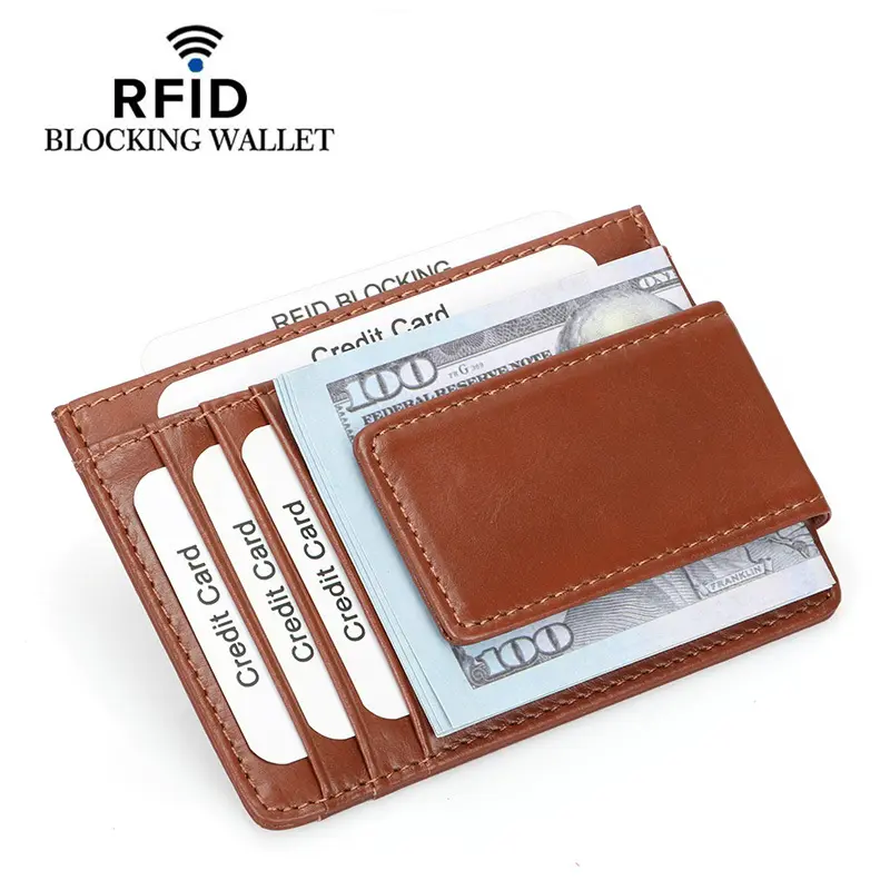 Vintage First Layer Genuine Leather Men Crazy Horse Credit Card Holder Slim Wallet RFID Blocking Magnetic Money Clip