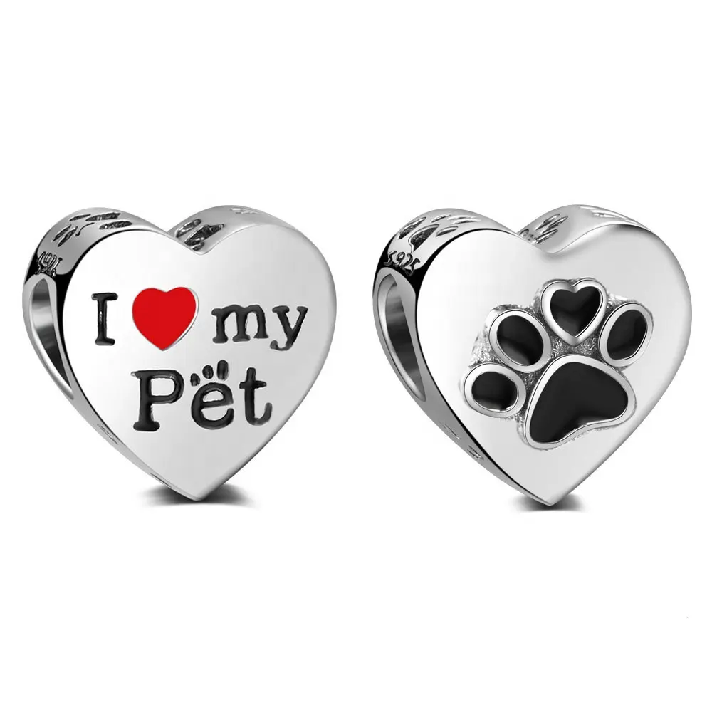Customized wholesale I love my pet 925 sterling silver heart shape paw print beads charms jewelry