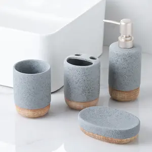 Moozi Großhandel Keramik mit Holz Badezimmer-Set umweltfreundlich Lotion Seife Geschirr Dispenser Waschraum Badezimmer-Zubehör für Zuhause