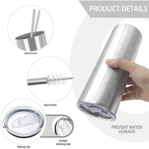 Paquete de 25 vasos rectos de acero inoxidable de 20oz con aislamiento de doble pared, tapa de paja, delgados vasos cilíndricos a granel en blanco - Product Image 2