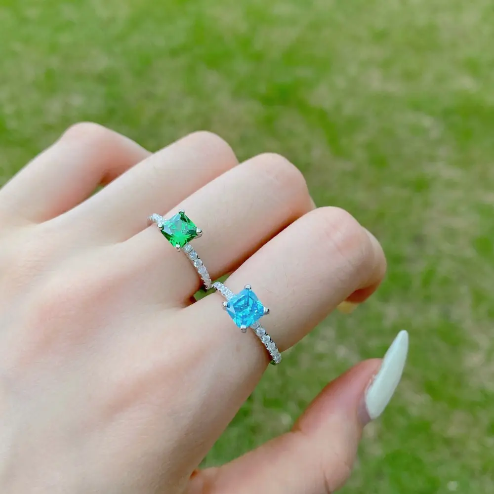 Dylam High Quality Shaped Designs Eternity Diamond Square Wedding S925 Sterling Silver Ring Green Gemstone Jewelry Rings Women