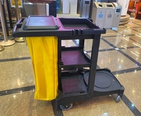 Carrito de conserje comercial para hotel y restaurante, carrito de limpieza de plástico amarillo, bolsa de basura, cubos, escurridor para servicio de limpieza