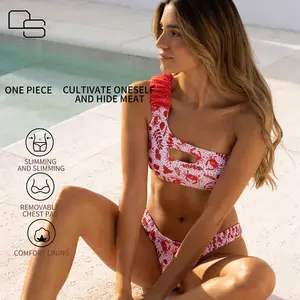 Custom New Women's One-shoulder Chest Digging Sexy Bikini Small Fresh Printed Swimsuit Beachwear Swimwear