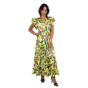 Robe longue florale pour femmes, jaune et violette, manches à volants, col en V, robe d'été longue - Product Image 1