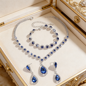 Delicado Juego de 3 Piezas de Collares de Cadena Fina con Diamantes de Imitación Azules en Forma de Gota de Agua, Pendientes de Cristal Modernos para Mujer, Pulsera - Product Image 1