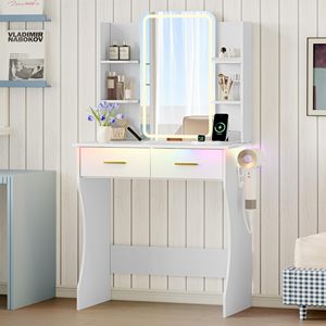 SENYU Coiffeuse blanche de qualité commerciale avec pieds courbes, miroir LED intégré, mobilier pour hôtels et dortoirs - Product Image 1