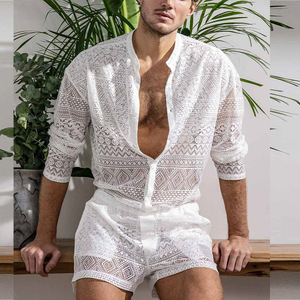 King Mcgreen Star Summer New Hollow Out Sexy Lace Shorts Shirt set abbigliamento moda <span class=keywords><strong>uomo</strong></span> Trendy Elegant Beach - Product Image 6