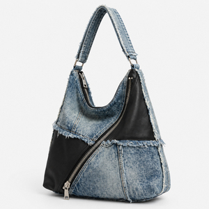 Bolso de hombro de mezclilla para mujer, bolso casual tipo hobo, bolso tote con cremallera de gran capacidad, bolso de moda azul con patchwork para llevar bajo el brazo - Product Image 3