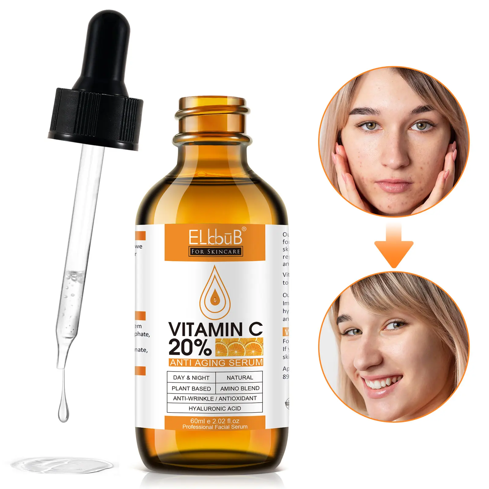 Antioxidant Anti Wrinkle Face Anti Aging Retinol Serum Whitening Vitamin C 20%serum with Hyaluronic Acid 60ml