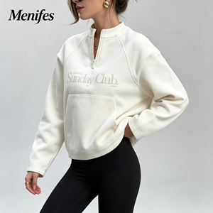 <span class=keywords><strong>Felpa</strong></span> Oversize Personalizzata da Donna con Stampa di Lettere Bianche, Mezza Zip, Maniche Lunghe e Tasca a Canguro - Product Image 2