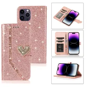 Nueva llegada de lujo brillo Bling funda trasera de cuero Flip Case con correa de mano para el teléfono 15 14 13 12 11