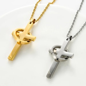 Collier religieux unisexe en acier inoxydable avec pendentif croix simple et cercle, plaqué or ou argent, motif Jésus-Christ, bijoux breloques - Product Image 1