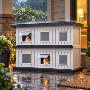 Maison pour chat d'extérieur à double étage, abri résistant aux intempéries avec 6 compartiments pour plusieurs chats - Product Image 1