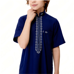 Estilo marroquí islámico niños Thobes manga corta Color sólido bordado hecho a mano poliéster personalizar Logo - Product Image 1